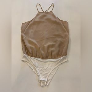 Lavender Brown 100% silk bodysuit, tan, spaghetti strap halter, XS (Q)